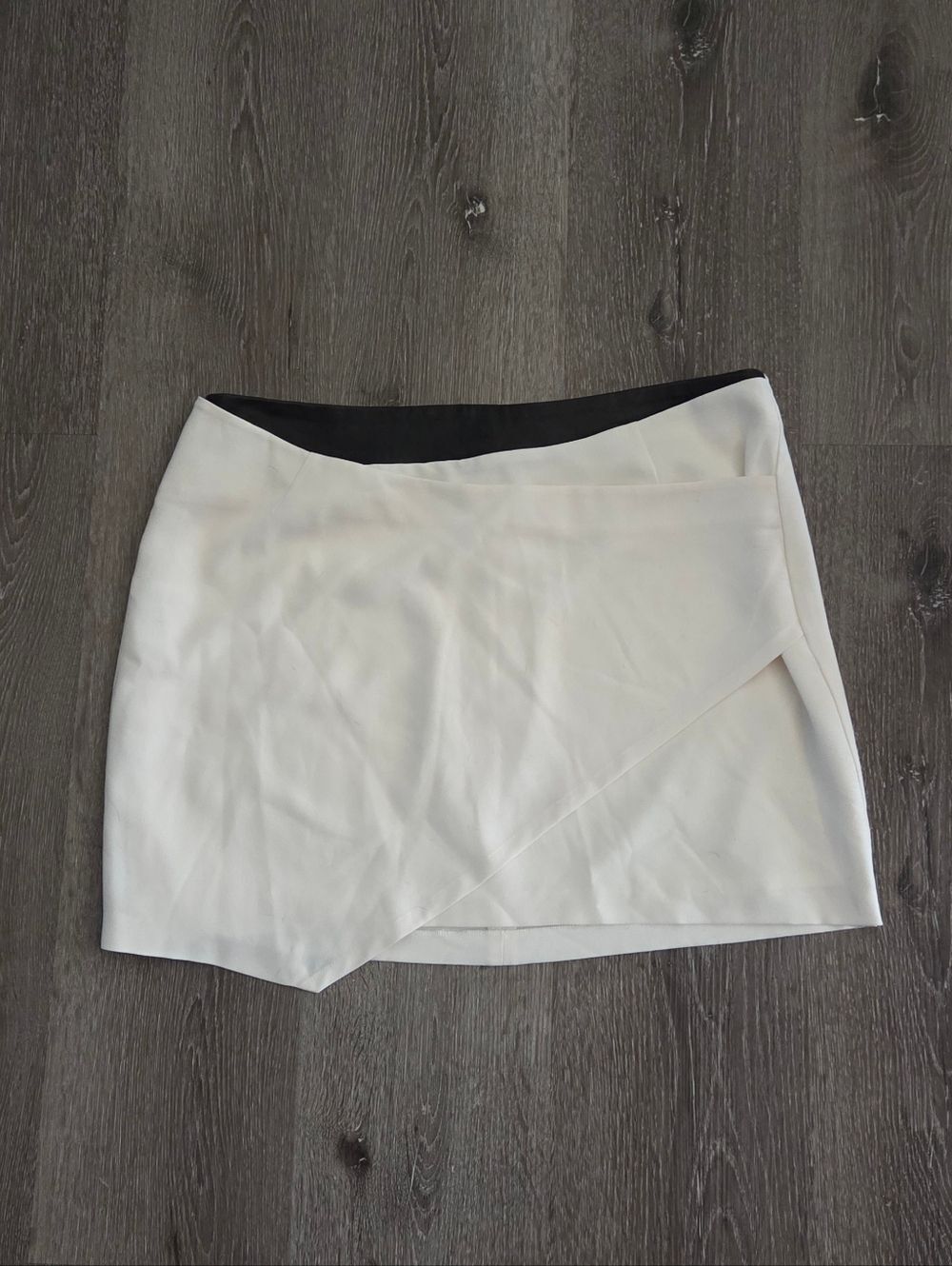 Rebecca Minkoff White Asymmetrical Mini Skirt with Black Waistband